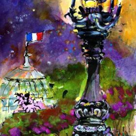 Paris Street Lamp French Flag Mixed Media Watercolors and Ink