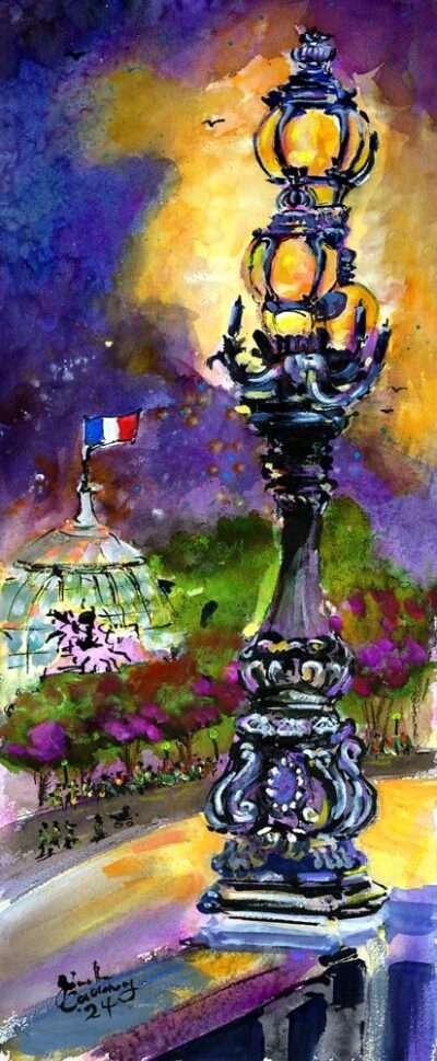 Paris Street Lamp French Flag Mixed Media Watercolors and Ink