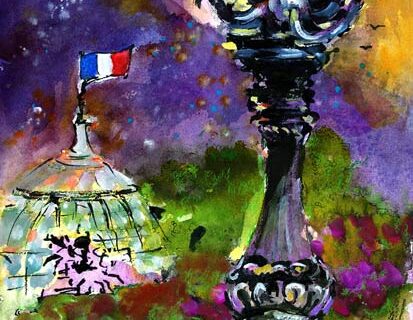 Paris Street Lamp French Flag Mixed Media Watercolors and Ink