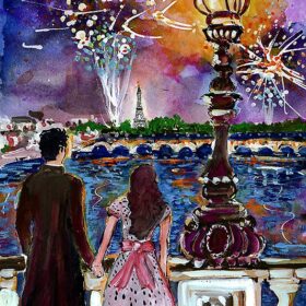 Romance In Paris Mixed Media Watercolors and Ink