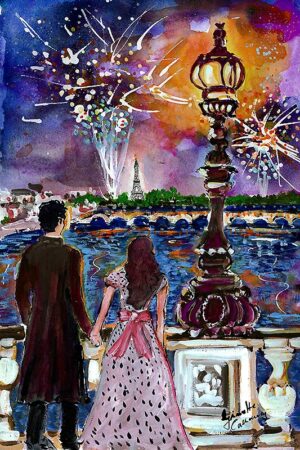 Romance In Paris Mixed Media Watercolors and Ink