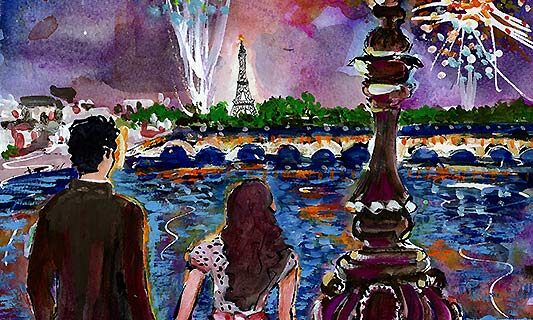 Romance In Paris Mixed Media Watercolors and Ink