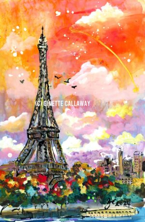 Autumn Sky Over Paris Mixed Media Watercolors and Ink True Size