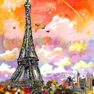 Autumn Sky Over Paris Mixed Media Watercolors and Ink