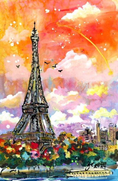 Autumn Sky Over Paris Mixed Media Watercolors and Ink