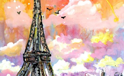 Autumn Sky Over Paris Mixed Media Watercolors and Ink