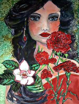 Woman With Red Carnations and Magnolias M