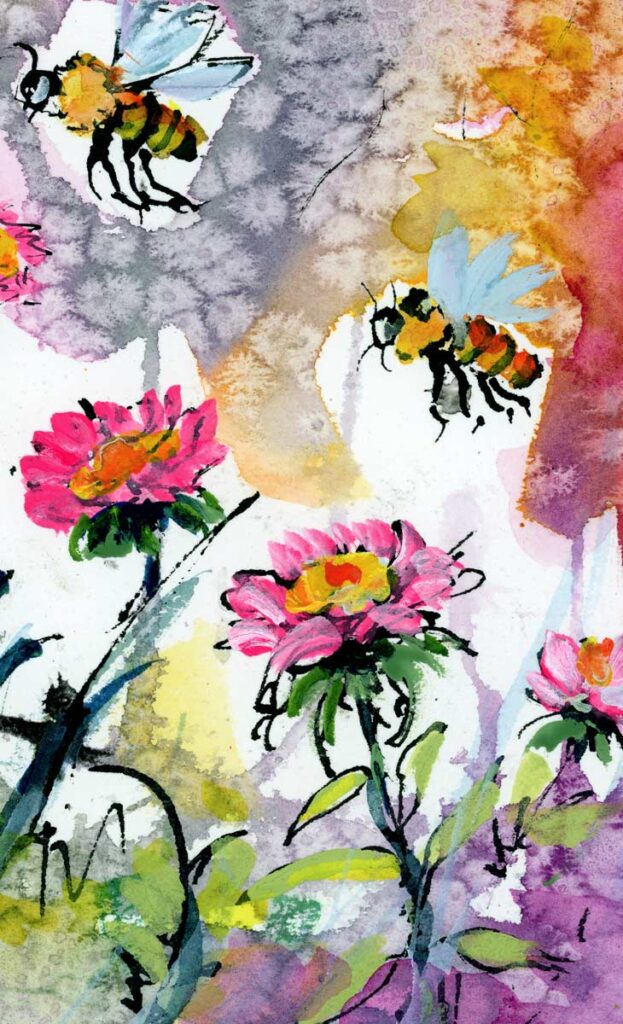 Summer Bees Gathering Pollen from Pink Wildflowers D