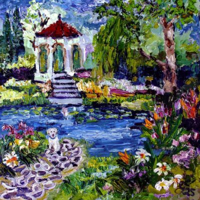 Dreaming of Summer Garden with pond and dog M