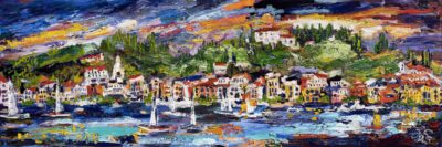 Regatta Along The Italian Riviera Expressive Panoramic Oil Painting