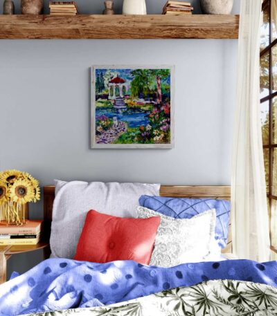 Dreaming of Summer Garden with pond and dog true size wall example