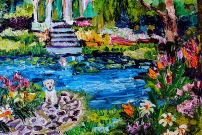 Dreaming of Summer Garden with pond and dog D