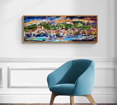 Regatta Along The Italian Riviera Expressive Panoramic Oil Painting