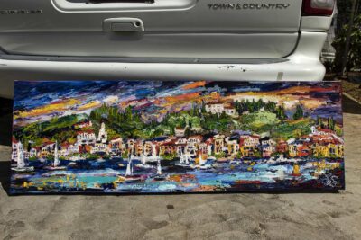 Regatta Along The Italian Riviera Expressive Panoramic Oil Painting Photo on a sunny day