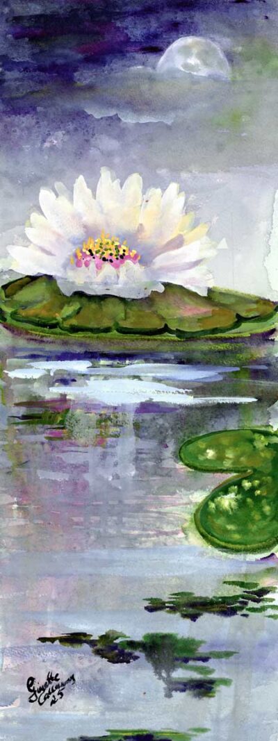 Moon Magic over the Lily Pond Watercolors L