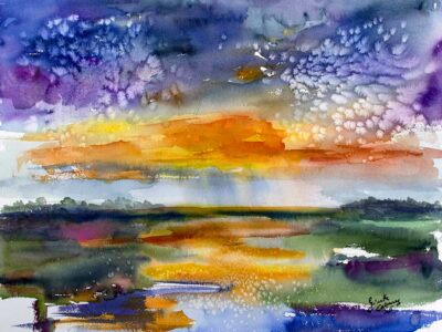 Minimalist Watercolor Landscape Wetland Sunset