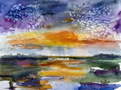 Minimalist Watercolor Landscape Wetland Sunset Large Image