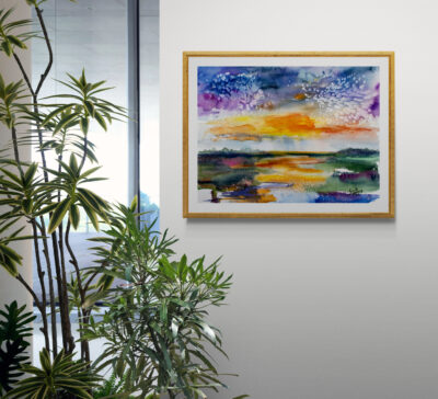 Minimalist Watercolor Landscape Wetland Sunset Wall example for true size 24 by 18