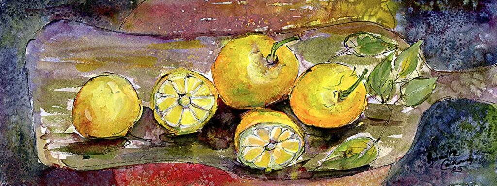 Lemons from my garden watercolors modern citrus still life painting Large
