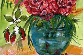 Blue Vase and Red Roses Mixed Media