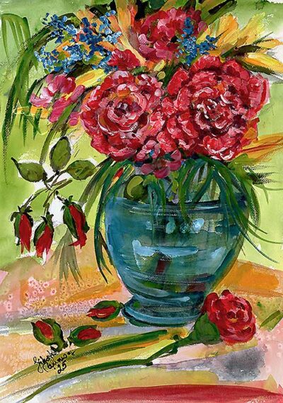 Blue Vase and Red Roses Mixed Media