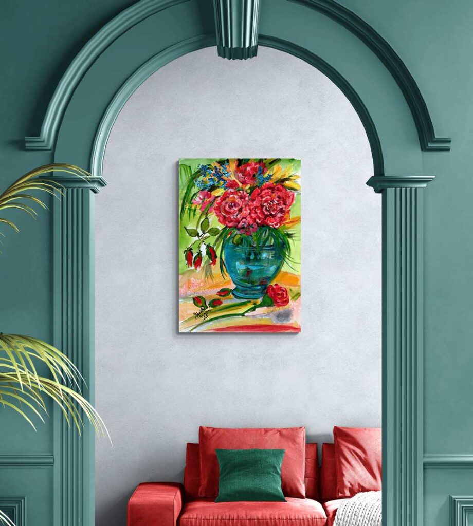 Blue Vase and Red Roses Mixed Media Original painting as large art print