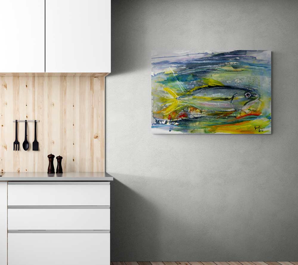 Abstract Expressive Yellowtail Tuna Watercolors and Oil Sticks medium size  prints