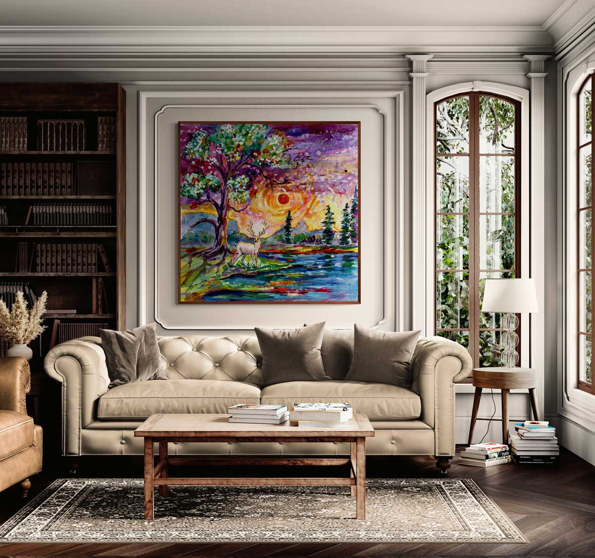 Deer in Enchanted Forest Sunset Watercolors huge prints