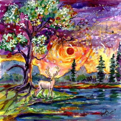 Deer in Enchanted Forest Sunset Watercolors M