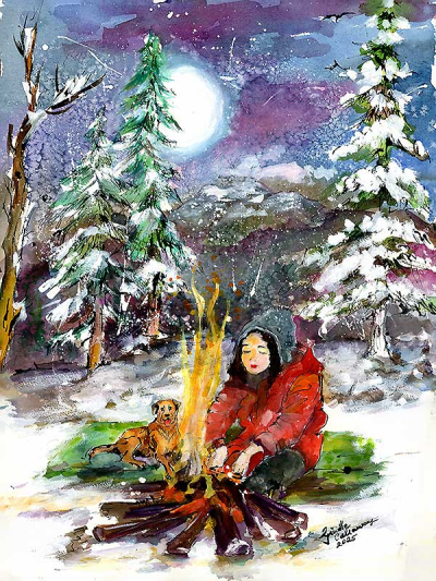 Winter Camping Self Portrait Thinking Time Alone In The Forest with Good Boy